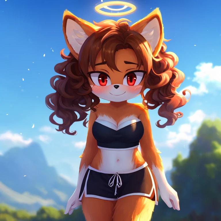 mobian, hedgehog, two-tone fur ((orange fur, brown fur)), pyjama elastic shorts, strapless crop top, cleavage, high-top sneakers, two-tone hair (brown hair, black tip)), curly hair, halo, sunglasses, jewelry, red eyes, longeyelashes, red eyes, smile, shy, blush, high detail, masterpiece, UHD, anatomically correct, super detail, highres, 4K