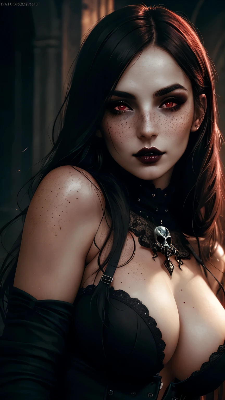 (best quality, hyperdetailed photography:1.2), beautiful lady, freckles, gothic dark makeup, soft light, perfect breast, cover, (detailed beautiful face, detail skin texture, ultra-detailed body:1.1) sexy vampire girl, red eyes, perfect body, skull, blood