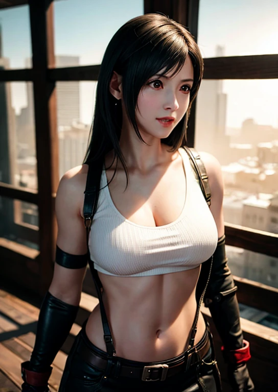 (Photorealistic: 1.4), top quality, very delicate and beautiful, high resolution, 1girl, tifa_lockhart, smile, cowboy shot, suspenders, low rise, mini skirt, tank top, tense shirt, black hair, long hair, elbow gloves, beautiful detailed red eyes, face light, movie lighting, navel, high exposure, abdomen exposure, ribs, abs, ( big breasts: 1.1), dynamic poses, dynamic angles,