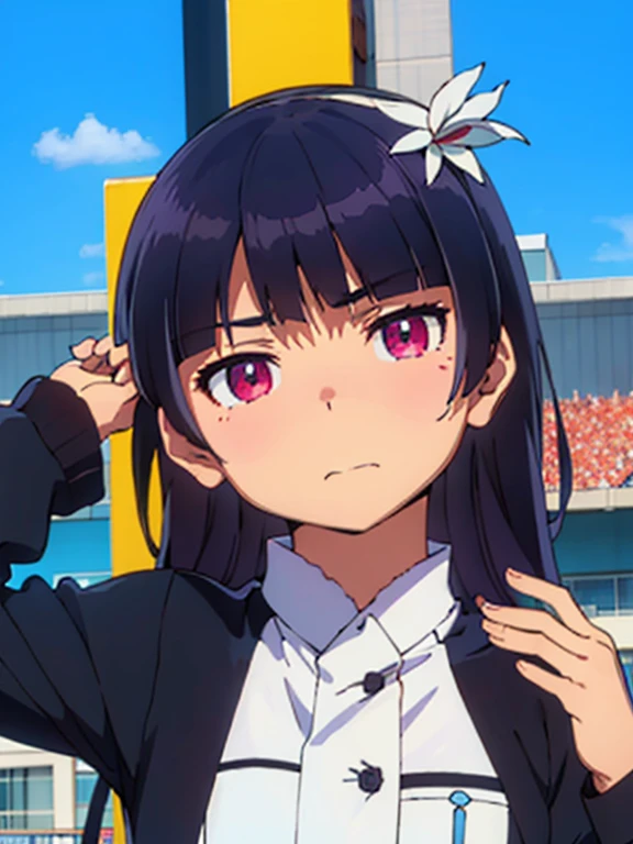 Gokou Ruri,animador, saltando, boca abierta, Football stadium, cuerpo completo, ultra-detallado, detallado, beautiful detallado eyes, beautiful detallado face, colorante animado, Estilo oficial, 8k, high resolution, The newest one, tarde,  solo, lindo