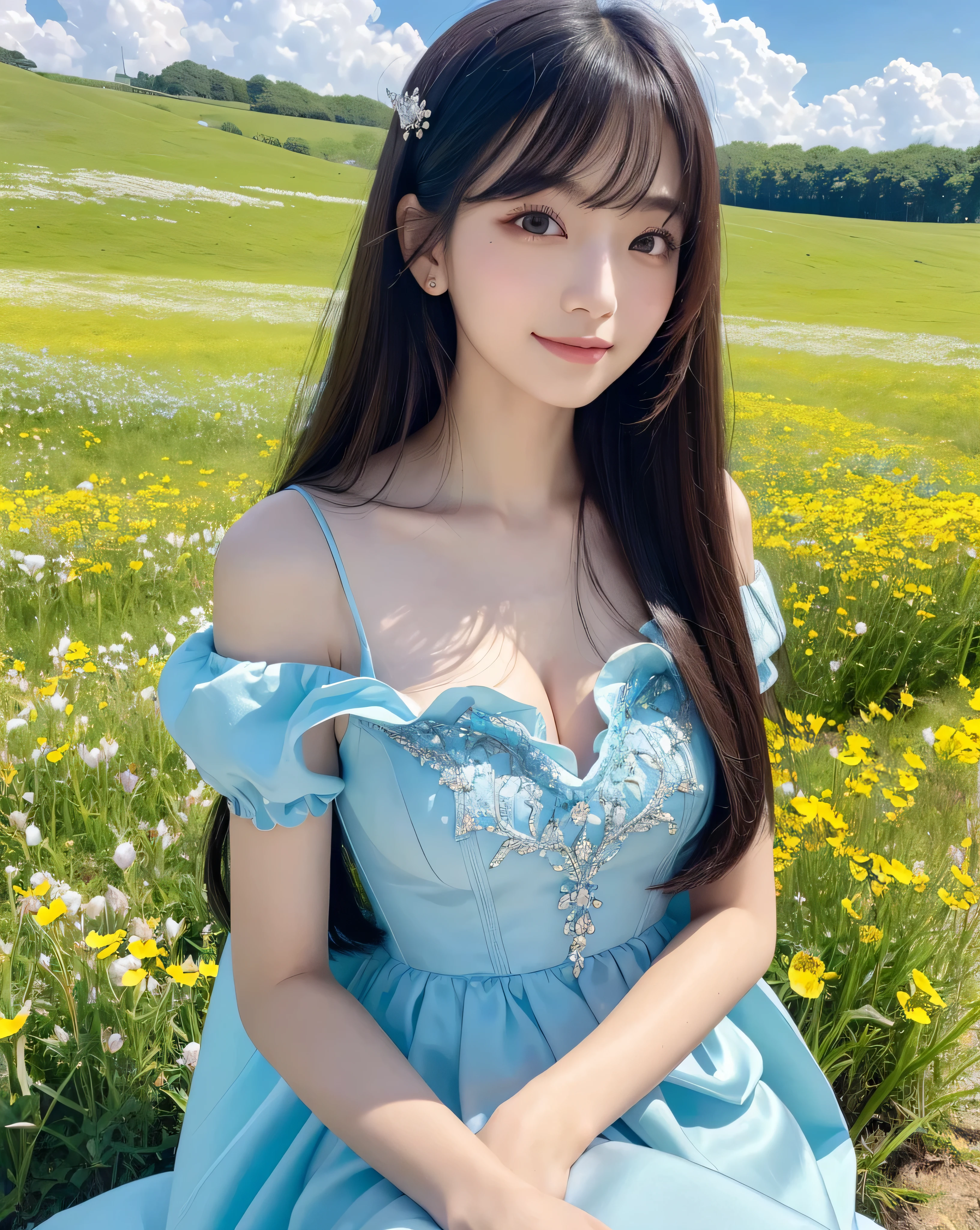 (highest quality, 32k, High resolution, Masterpiece:1.5), Beautiful Japanese Girl, An exceptionally beautiful face, Full body shot, Perfect Human Anatomy, Shiny black hair, Beautiful super long straight silk hair, long bangs with asymmetry, Hair between the eyes, Magical big eyes, Beautifully trimmed thin eyebrows, Smooth and soft white skin, Pale pink lips, Natural Makeup, Cheek gloss highlight, Small Face Beauty, The best smile, ((Blue Princess Dress)), Perfect collarbone, Beautiful chest in high resolution, Slender body and big bust, High resolutionの美しい太もも, Beautiful feet, ((On the hill in spring)), Sitting on a green meadow, ((Ridiculous absolute territory)), Dazzling sunlight, blue sky, White cloud, Professional Lighting, Professional Photographer, Professional models