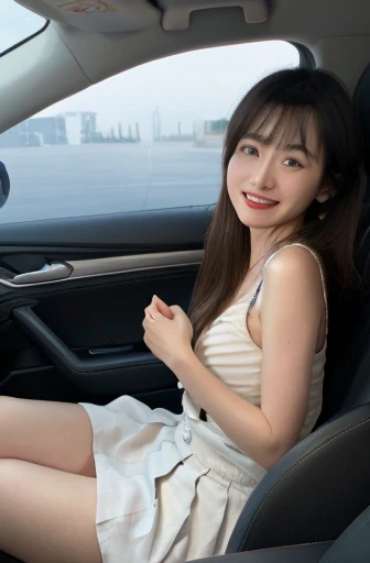 Codriver,blurry. 1girl, ((smile)), blue eyes, raised knees, white pleated skirt, red panties. hips, looks at the viewer, codriver, sharp focus,sunset, volumetric fog,