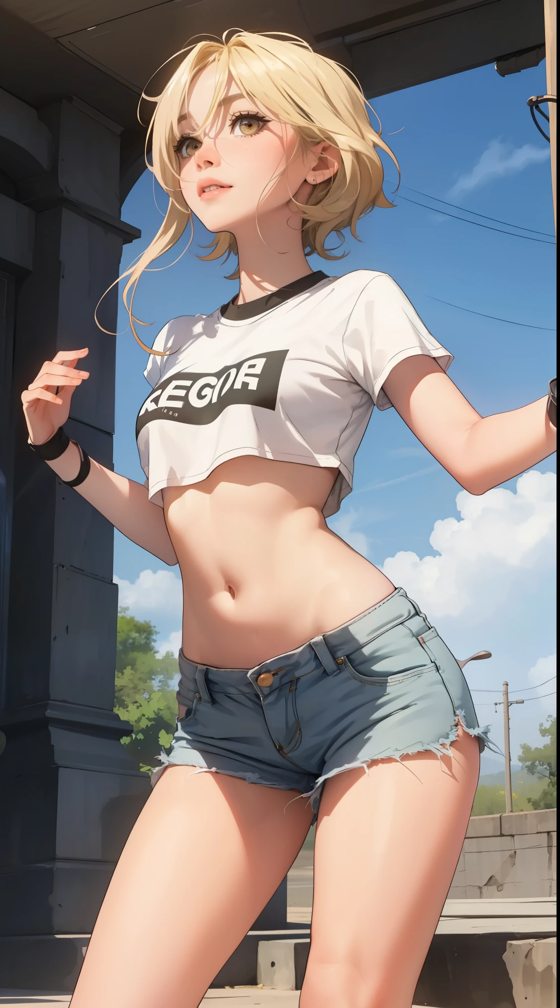 Lumine (wearing a very torn and short jean shorts, blonde, t-shirt, attractive), teasing, energy emanating from her right hand