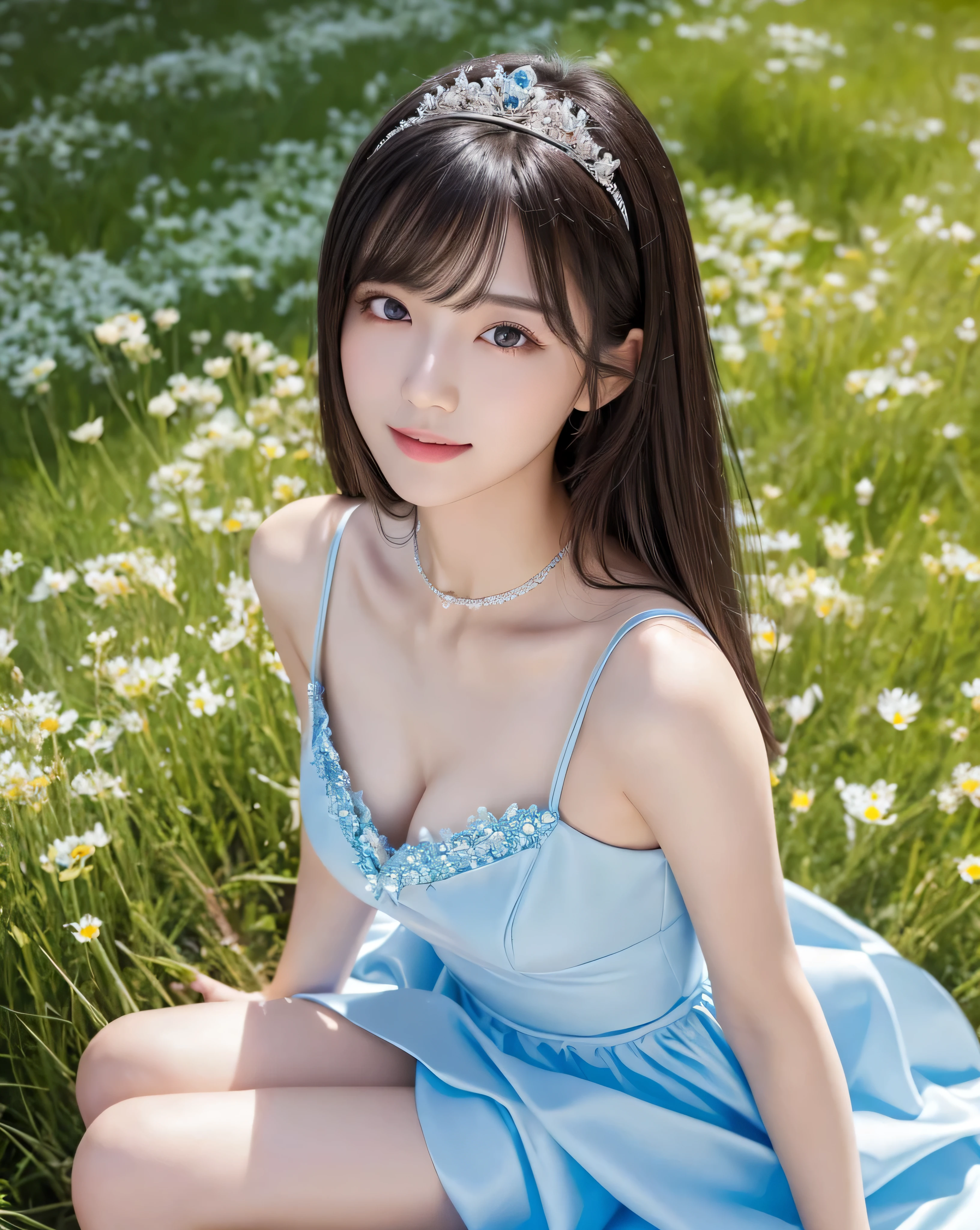 (highest quality, 32k, High resolution, Masterpiece:1.5), Beautiful Japanese Girl, An exceptionally beautiful face, Full body shot, Perfect Human Anatomy, Shiny black hair, Beautiful super long straight silk hair, long bangs with asymmetry, Hair between the eyes, Magical big eyes, Beautifully trimmed thin eyebrows, Smooth and soft white skin, Pale pink lips, Natural Makeup, Cheek gloss highlight, Small Face Beauty, The best smile, ((Blue Princess Dress)), Perfect collarbone, Beautiful chest in high resolution, Slender body and big bust, High resolutionの美しい太もも, Beautiful feet, ((On the hill in spring)), Sitting on a green meadow, ((Ridiculous absolute territory)), Dazzling sunlight, blue sky, White cloud, Professional Lighting, Professional Photographer, Professional models