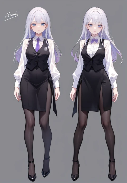 ((Perfect Face)),Purple Hair,Semi-long hair,1 female,bartender,,Black vest,tie,High heels,,((Simple light color background)),((smile)),((Full Body)),((full body)),Character portrait,Character sheet,upright,