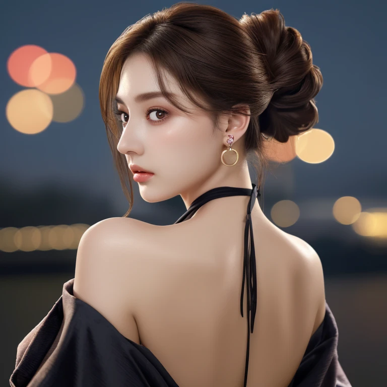 Best quality, masterpiece, high resolution, 1 girl, realism, (high detail skin: 1.2), 8k UHD, DSLR, soft light, high quality, volumetric lighting, photo, high resolution 4K, 8K, blurred background, fireworks in the sky, night, (from behind), (shoulder blades), beautiful neck, kimono, off shoulder kimono, looking behind, asian, brown hair, tied up hair, black eyes, perfect eyes, double eyelids, simple earrings, seductive face, (very large breasts), ((hands down)), SFW