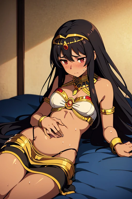 (best quality, masterpiece), brown skinned anime Cleopatra wearing a triangle top and long skirt, famished in hunger, (gently resting hands on stomach), (sweating), (lying down), (long black hair), (hands on stomach), (pressing stomach with her fingers), (blushing), (embarrassed)