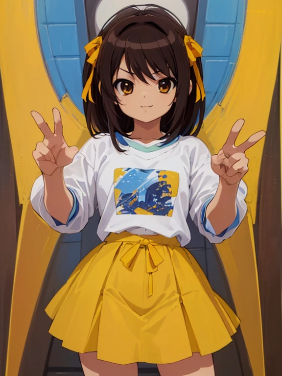 Muy detallado,high resolution,(Obra maestra_1.0),(of the highest quality_1.0),1 chica, alone,Haruhi Suzumiya, tiro de vaquero, , banda para el cabello amarilla, Todo el cuerpo, mirando al espectador,