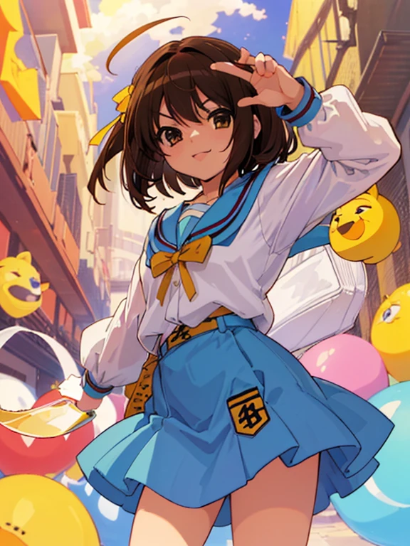 Muy detallado,high resolution,(Obra maestra_1.0),(of the highest quality_1.0),1 chica, alone,Haruhi Suzumiya, tiro de vaquero, , banda para el cabello amarilla, Todo el cuerpo, mirando al espectador,