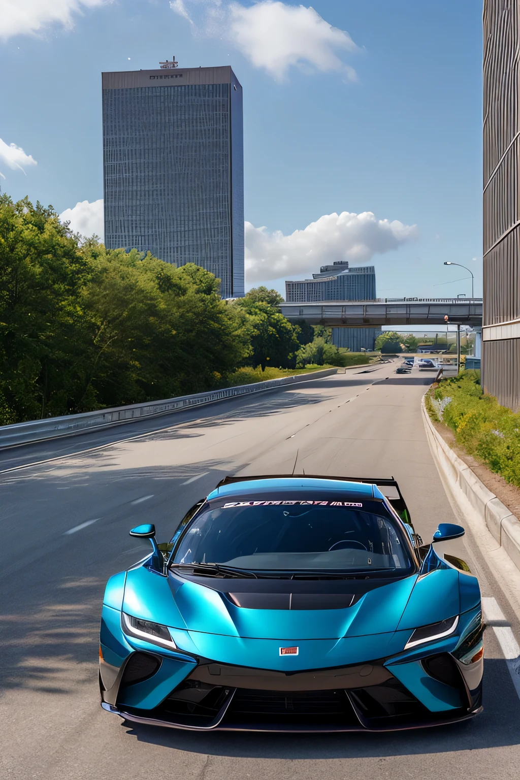 Super bright and modern metallic-vermillion racing car is running on the expressway,
City of high transportation technology complex, high building, and towers,
Good green environmental atmosphere, 
Morning sunlight with blue sky and white cloud.