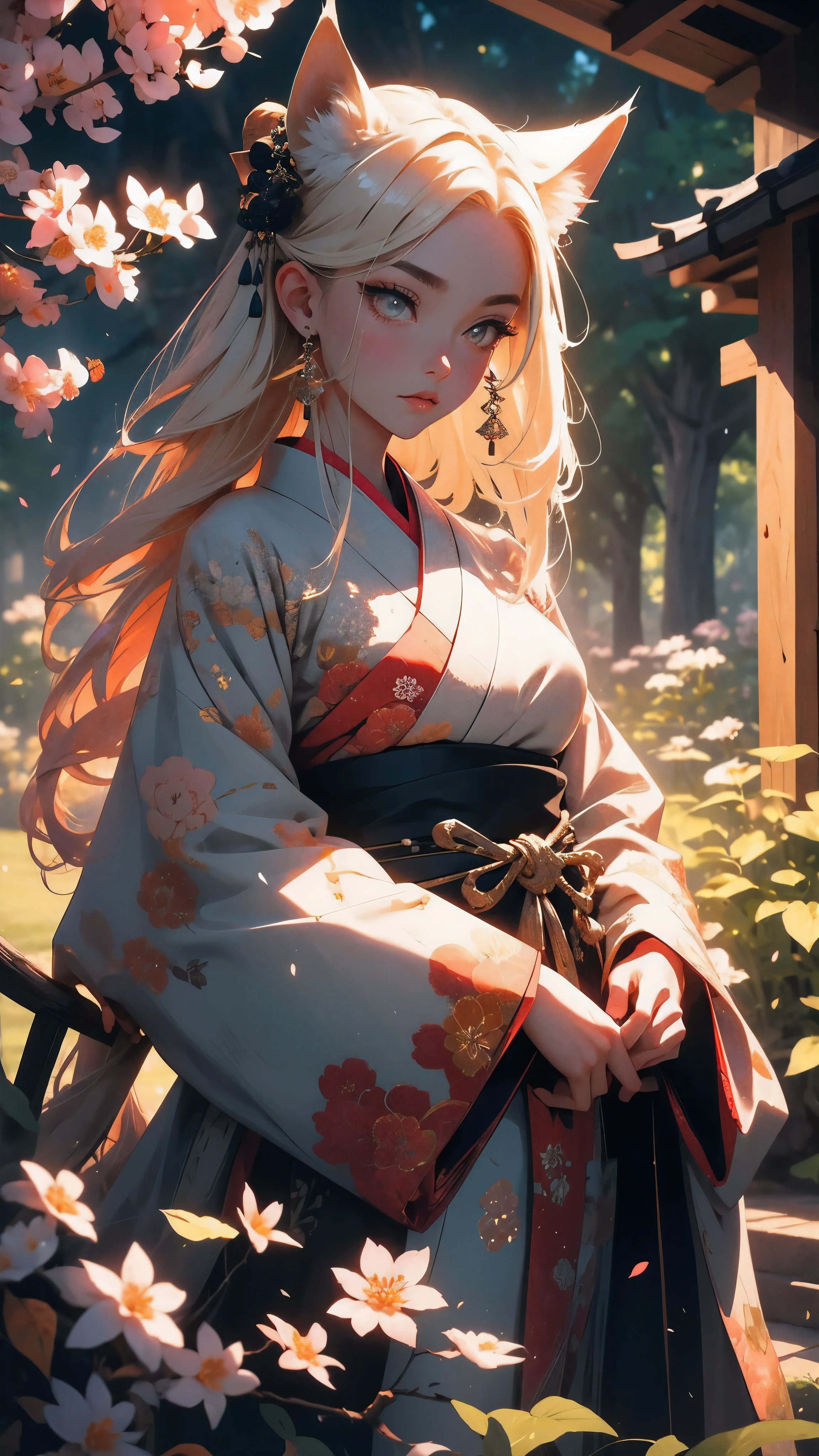 A girl with a beautiful face, expressive eyes, and full lips, representing the mythical creature known as the nine-tailed fox in Japanese culture. Her eyes are detailed and captivating. She has long, flowing hair with vibrant colors, resembling the fur of a fox. The girl is dressed in a traditional kimono, intricately designed with patterns and motifs inspired by nature. The medium used to depict this artwork is a mixture of traditional Japanese ink painting and digital illustration. The combination creates a unique blend of traditional and modern elements, enhancing the mystique and allure of the nine-tailed fox. In the background, there is a serene garden with cherry blossom trees, symbolizing beauty and transience. The garden is filled with vibrant colors, ranging from soft pastels to vivid hues, creating a dreamlike atmosphere. The sunlight filters through the trees, casting a gentle glow upon the girl and her surroundings. The image quality should be of the highest standard, with extreme attention to detail and clarity. It should exhibit photorealistic qualities, almost resembling a photograph. The colors should be vivid and vibrant, evoking a sense of wonder and enchantment. This artwork is characterized by its incorporation of an anime-style, capturing the essence of Japanese culture and aesthetics. The artist aims to convey the grace, elegance, and mysterious allure associated with the nine-tailed fox in Japanese folklore. The overall color tone should be warm and inviting, with a slight emphasis on earthy tones and shades of red and orange, reminiscent of autumn. The lighting should be carefully considered, with soft and diffused light illuminating the main character, creating a sense of depth and dimension. In summary, the Stable Diffusion prompt for this artwork should include the following tags: female character, nine-tailed fox, beautiful detailed eyes, beautiful detailed lips, long flowing hair, vibrant colors, traditional kimono, ink painting,