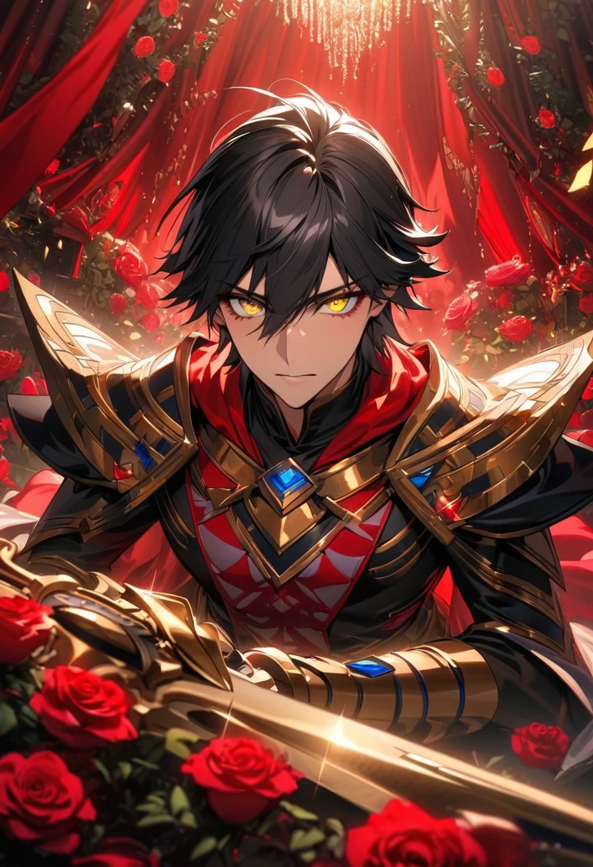 absurdres, highres, ultra detailed, HDR, masterpiece, extremely detailed face and eyes, beautiful eyes, perfect face, delicate features, Ozymandias, expressive yellow eyes, black hair, Fate Grand Order, solo, man, handsome, in wonderland, red roses, red curtains, shining red lights, fantasy clothes, patterns