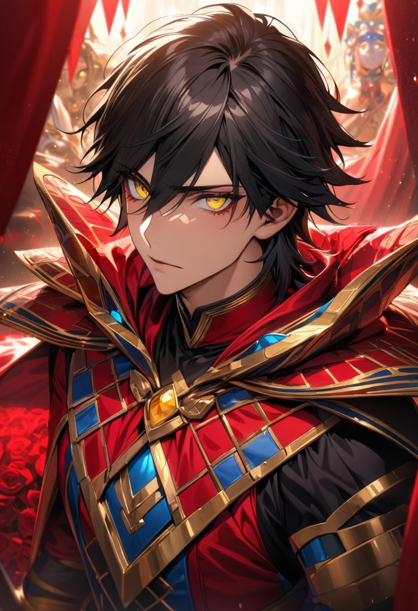 absurdres, highres, ultra detailed, HDR, masterpiece, extremely detailed face and eyes, beautiful eyes, perfect face, delicate features, Ozymandias, expressive yellow eyes, black hair, Fate Grand Order, solo, man, handsome, in wonderland, red roses, red curtains, shining red lights, fantasy clothes, patterns