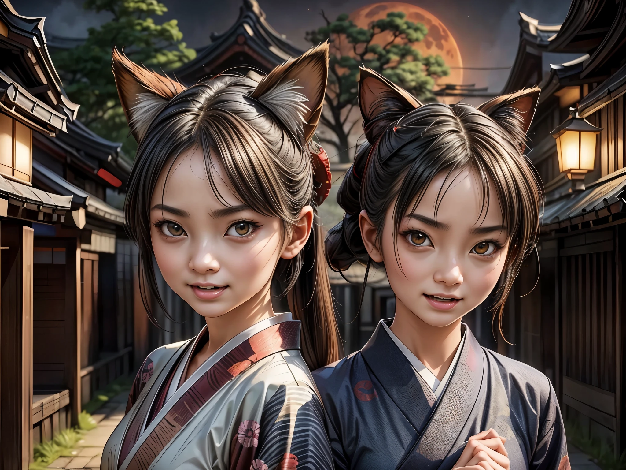 (best quality,4k,8k,highres,masterpiece:1.2),ultra-detailed,(realistic,photorealistic,photo-realistic:1.37),hauntingly beautiful Yokai battle scene,traditional Japanese ink painting,ominous atmosphere,foggy forest background,Tokyo street,full of ancient Yokai creatures lurking in every corner,1 girl wearing a kimono and wielding a magical sword,2 girls with fox masks transforming into Yokai forms,strikingly vibrant colors,sharp details on the Yokai's scales and fangs,ethereal and mystical glowing eyes,outstanding attention to texture,brushwork reminiscent of classic ukiyo-e prints,shadowy Yokai figures emerging from the darkness,historical authenticity in clothing and architecture,eerie light cast by lanterns and moonlight,ominous red moon hanging low in the sky,surreal and spectral aura permeating the entire scene,haunting Yokai cries echoing through the night,evocative and immersive battle scene capturing the clash between humans and supernatural creatures.
