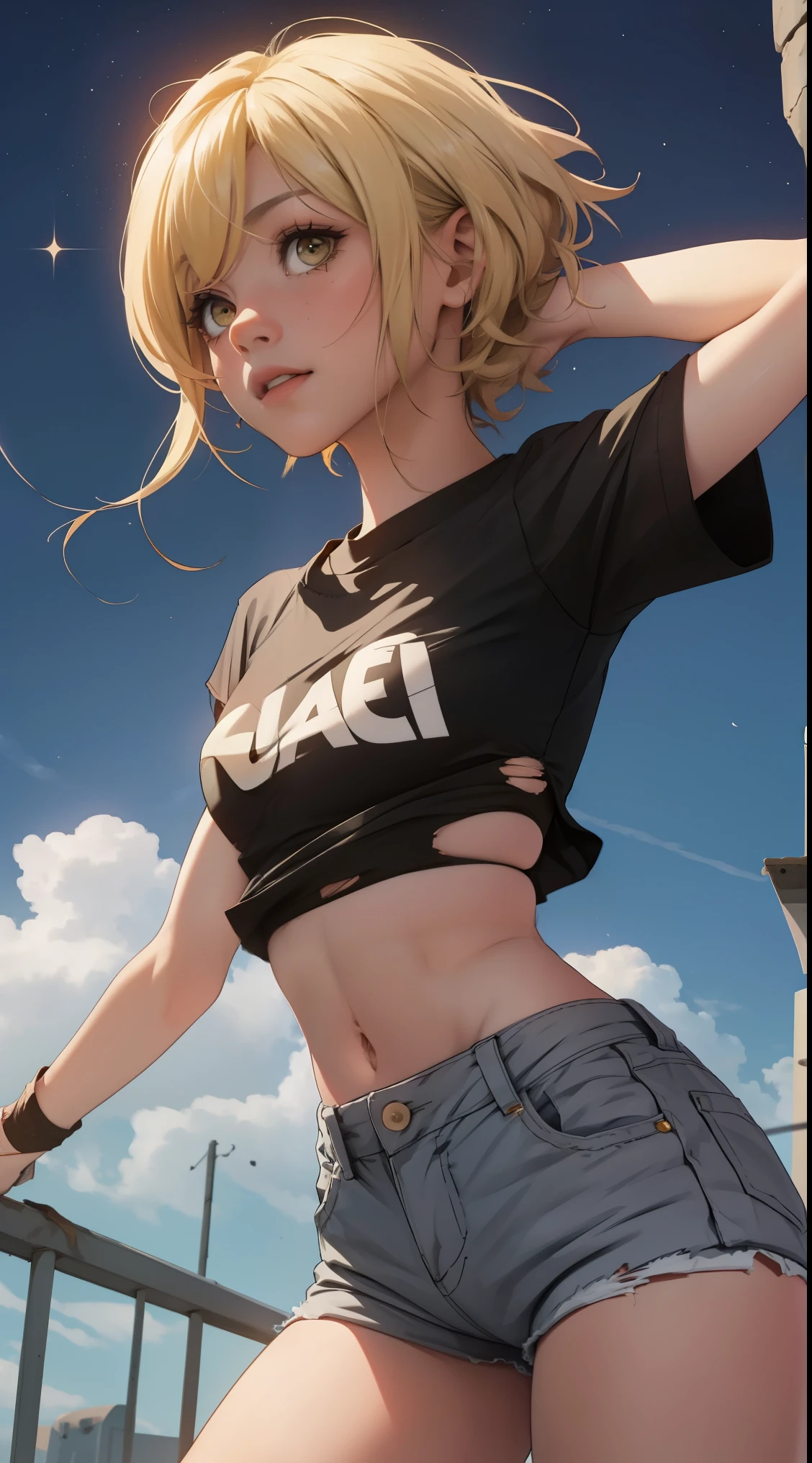 Lumine (wearing a very torn and short jean shorts, blonde, t-shirt, attractive), teasing, background universe look