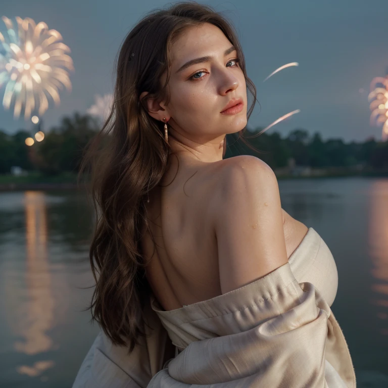 Best quality, masterpiece, high resolution, 1 girl, realism, (high detail skin: 1.2), 8k UHD, DSLR, soft light, high quality, volumetric lighting, photo, high resolution 4K, 8K, blurred background, fireworks in the sky, night, (facing front), beautiful collarbone, kimono, off shoulder kimono, asian, brown hair, tied up hair, black eyes, perfect eyes, double eyelids, simple earrings, seductive face, (very large breasts), (hands down), ((SFW))
