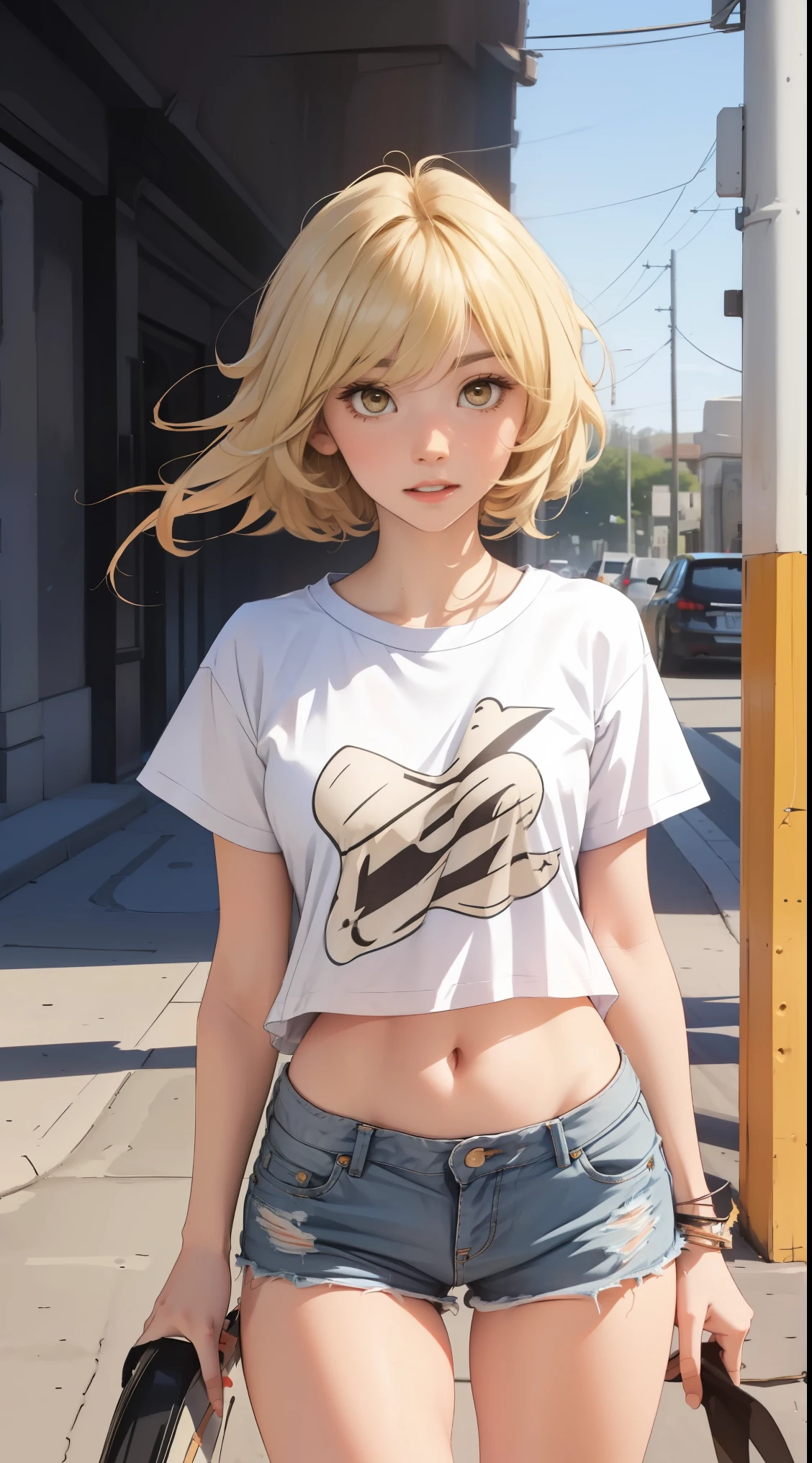 Lumine (wearing a very torn and short jean shorts, blonde, t-shirt, attractive), teasing, background universe look