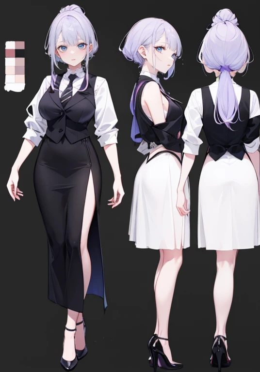 ((Perfect Face)),Purple Hair,Semi-long hair,1 female,bartender,,Black vest,tie,A shirt with rolled up sleeves,skirt,slit,High heels,,((Simple light color background)),((smile)),((Full Body)),((full body)),Character portrait,Character sheet,upright,