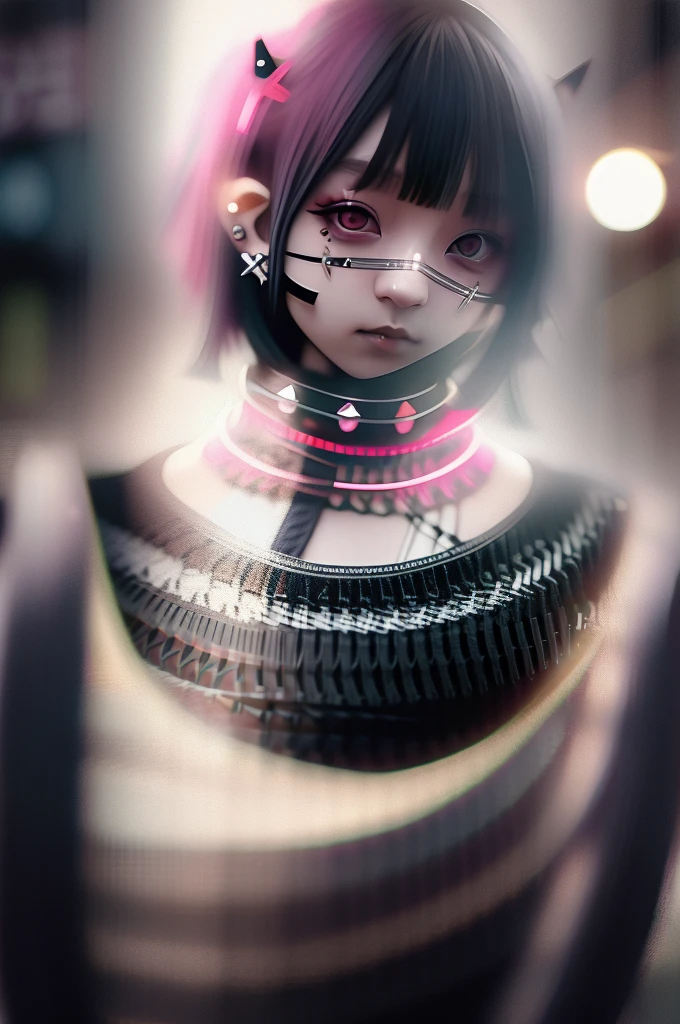 Goth_punk, One girl, alone, Medium Shot, Walking around Harajuku, ((at night)), Bokeh, Neon Light, Rainbow Eyes, Starry Sky, 白いShiny Hair, White eyebrows, Shiny Hair, (Iridescent white hair), Earrings, bangs, jewelry, mask, blunt bangs, Green Eyes, mouth mask, Blurred background, Blurred, hair ornaments, View your viewers, short hair, Portraiture, Side Lock