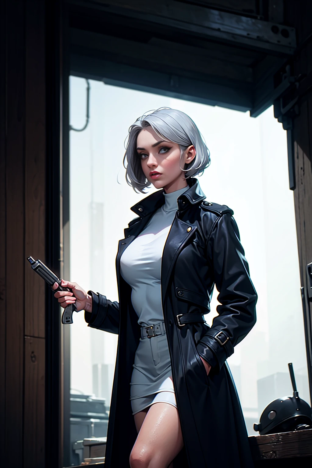 imagined a cartoon sexy silver hair detective woman in a trench coat holding a revolver in 1950 black and white thriller movie, 50's, retro,