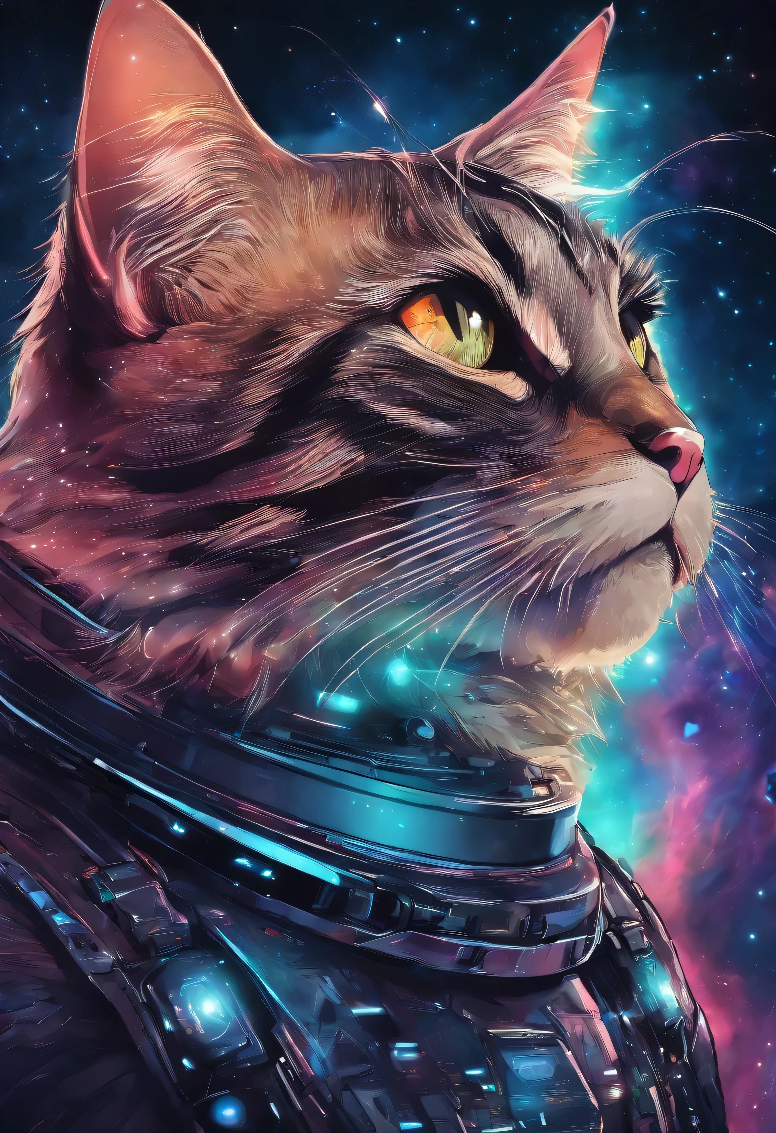 galactic cat with a lot of hair on its head., tercer ojo, mirando algo lejano, detalles intrincados, electric, Fantasy Art, Estilo ciberpunk,ojos detallados,hermosos ojos, hoja de anato finn, emulsion paint, muy detallado, rutkowski enevoado, hdr, hiperdetallado, luz de aro, despondent, oscurecer