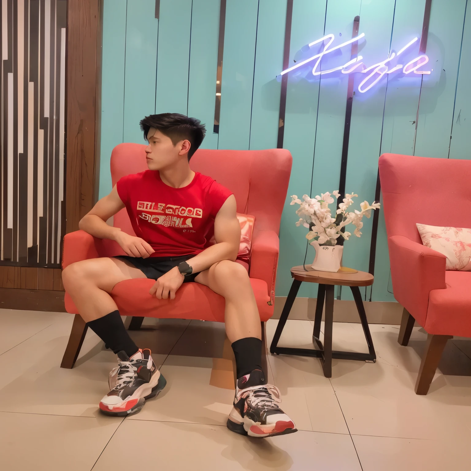 there is a man sitting in a chair with a neon sign behind him, young man with short, taken with canon 8 0 d, casual photography, photo style of shawn paul tan, casual pose, wearing red tank top, wearing a muscle tee shirt, male model, red tank-top, mid shot portrait, sitting in fancy chair, teenager hangout spot, wearing red attire