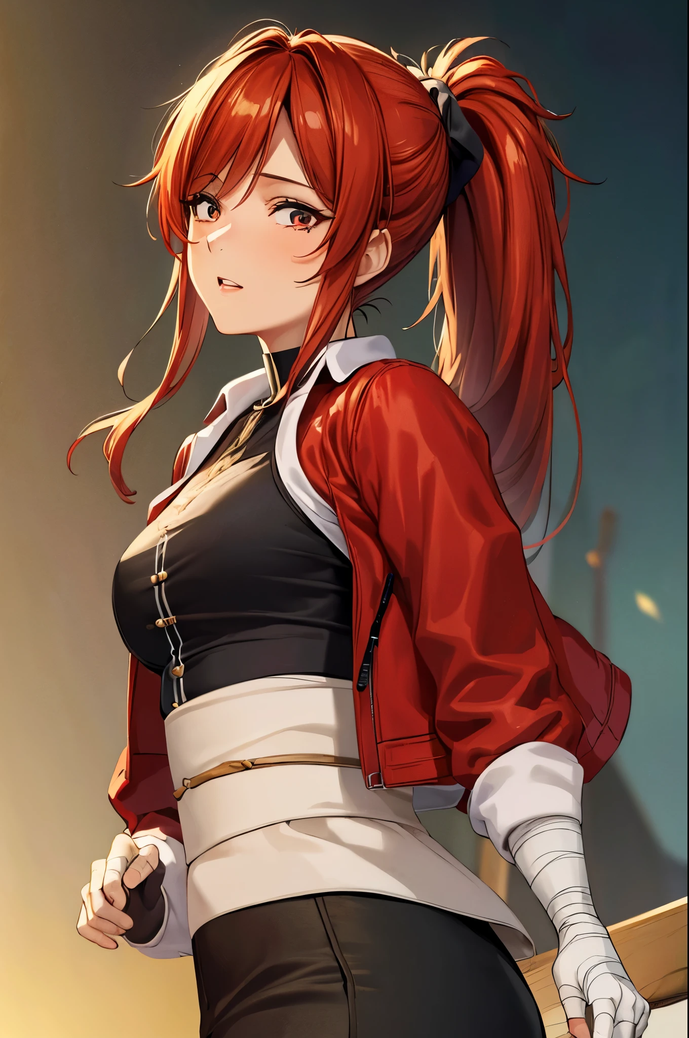 (masterpiece, best quality:1.2), expressive eyes, perfect face, highres, 1girl, solo, (female:1.5), StarkFrieren, red jacket, black shirt, long hair, ponytail, white sash, black pants, bandages, gloves, standing, cowboy shot, looking at the viewer