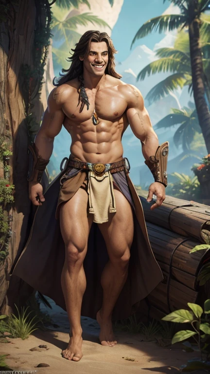 full body head to toe tarzan, detailed face. light tan. 32k resolution. amazing happy dreamer, relaxing, full body portrait, loin cloth, evening, villians smile, borderlands art style