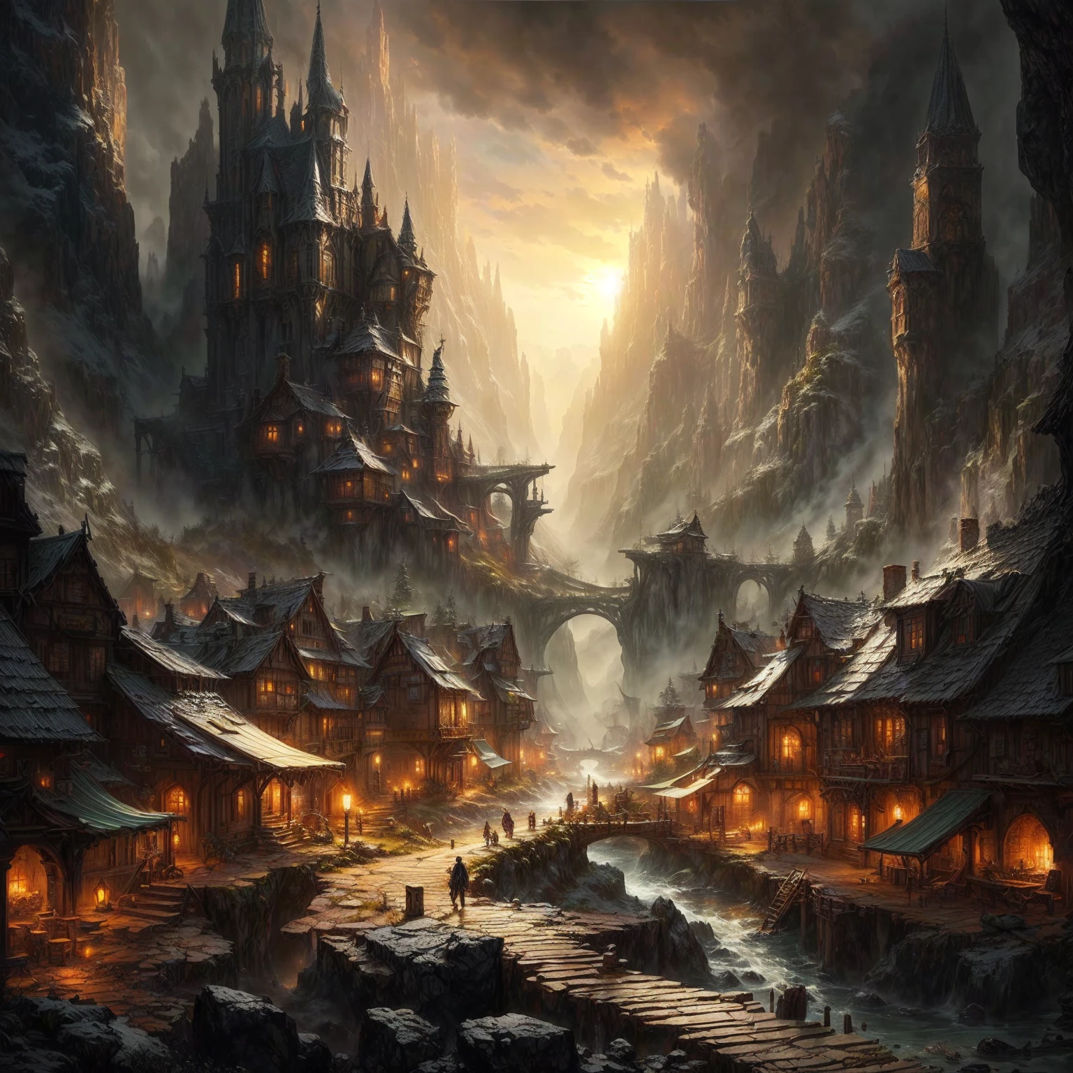 Meisterwerk, best quality, (extrem detailliertes CG Unity 8k-Hintergrundbild), (best quality), (beste Illustration), (bester Schatten), absurdesten, realistische Beleuchtung, (Abgrund), beautiful, detailliertes Leuchten,a painting of a fantasy village in the mountains with a bridge, dunkle Fantasiestadt, Symmetrische epische Fantasy-Kunst, Andreas Rocha Stil, 4K-Fantasy-Kunst, Bergfestungsstadt, hochdetaillierte Fantasy-Kunst, detaillierte Fantasie digitale Kunst, inspiriert von Andreas Rocha, large and structured Walhalla city, episches Fantasy-Kunstwerk, mittelalterliche Fantasiestadt, 8k Fantasy-Kunst