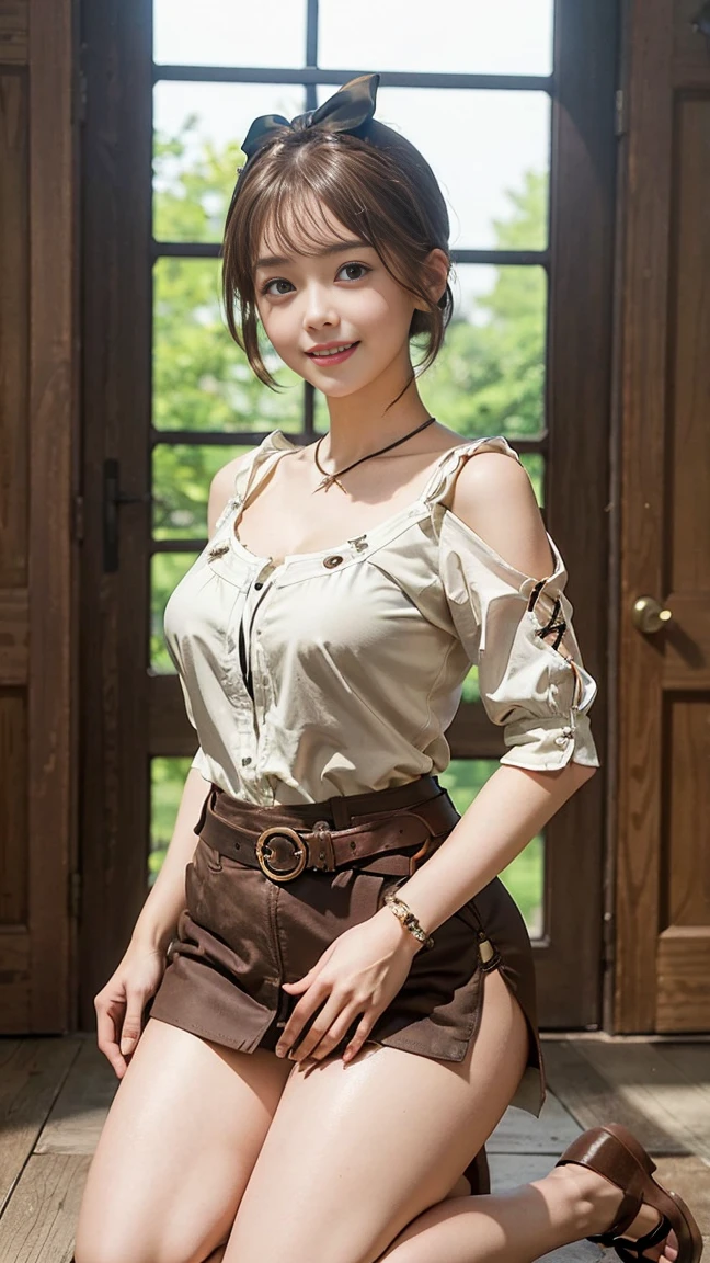 The real picture、8k,masterpiece , highest quality , detailed , detailedな写真、detailedな瞳、Realistic Skin、Brown short bob、Big Breasts、Big thighs、blouse, skirt , (Kneel:1.4) , smile , Ribbon Hair Band