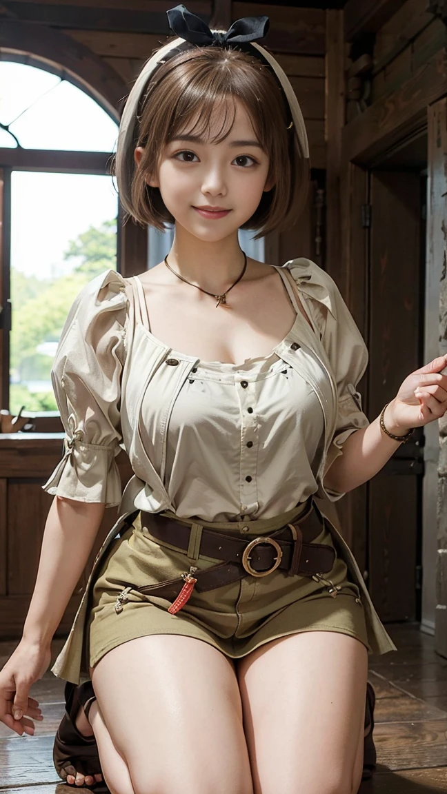 The real picture、8k,masterpiece , highest quality , detailed , detailedな写真、detailedな瞳、Realistic Skin、Brown short bob、Big Breasts、Big thighs、blouse, skirt , (Kneel:1.4) , smile , Ribbon Hair Band、Inside the room