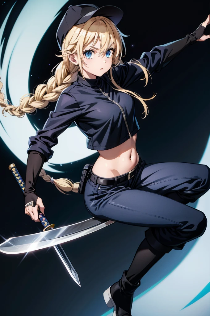 a comic book character dressed in white and black is holding a sword, 1girl, weapon, blue eyes, blonde hair, sword, gloves, long hair, solo, navel, boots, braid, hat, fingerless gloves, pants, jacket, midriff, belt, baseball cap, black footwear, black headwear, twin braids, black gloves, looking at viewer, crop top