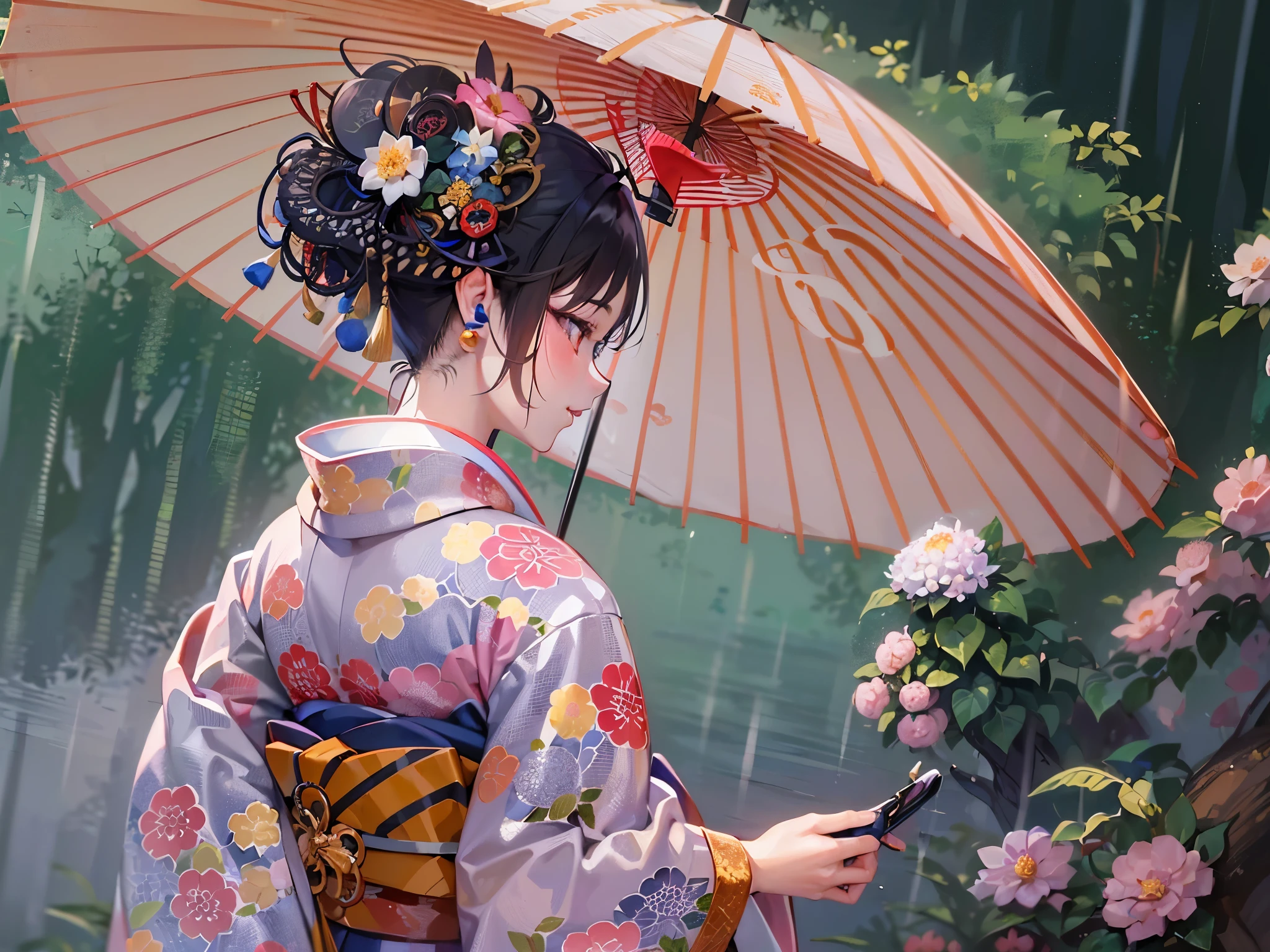 ((highest quality)),(Ultra-high resolution),(Very detailed),(Detailed Description),((The best CG)),(A masterpiece),Ultra-precise art,amazing drawing art,(Japanese art with intricate detail:1.5), Rainy weather:1.4,Hydrangea:1.3