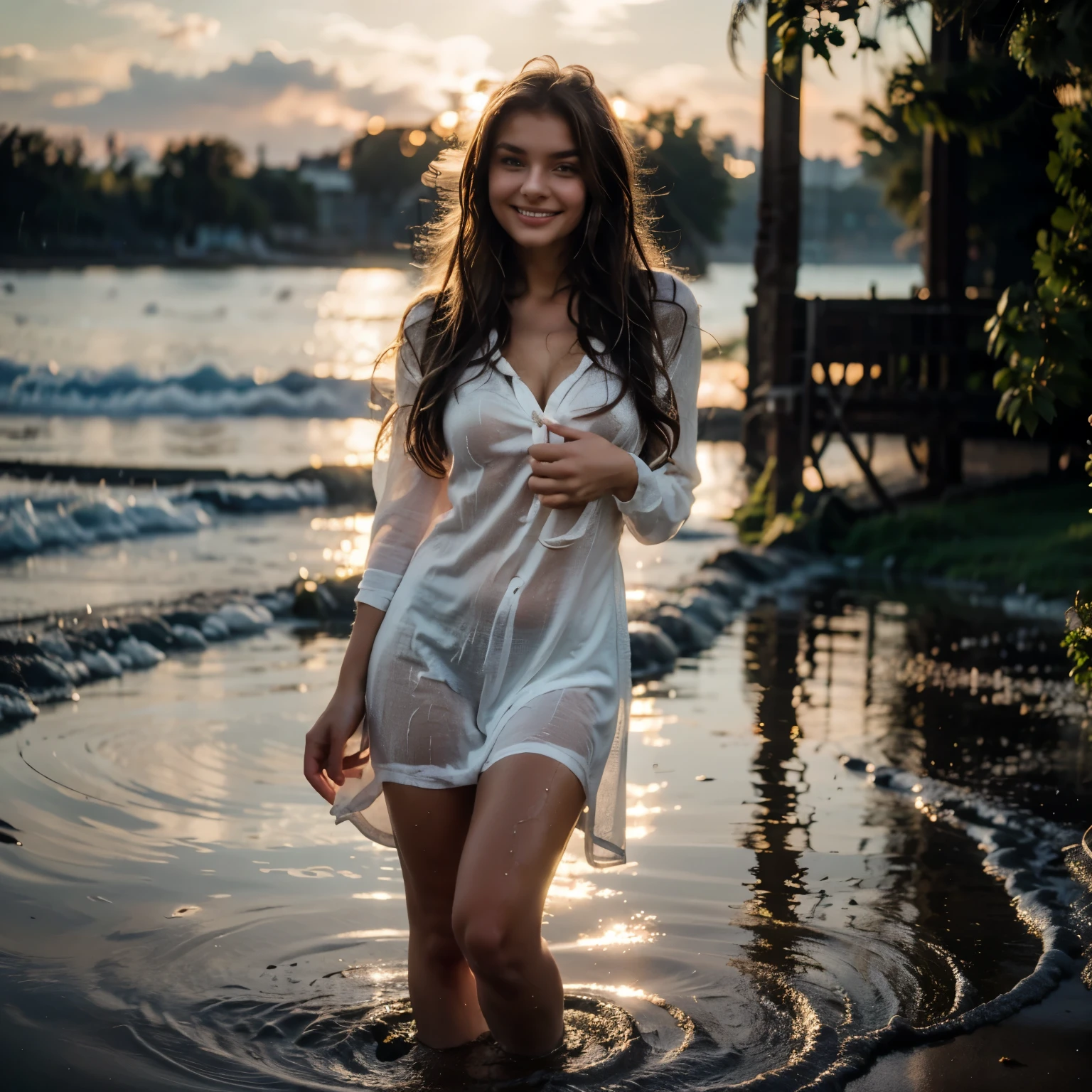 a girl lightly smiling and standing with wearing wet white gown the beach, long beautiful hair, confident and happy posing, sexy figure, ((full body capture))
