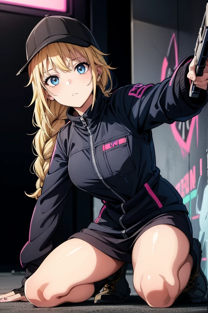 (((grayscale)))(masterpiece:1.2, best quality), (graffiti wall:1.15), 1lady, beanie, jacket, Leggings, blue eyes, fullbody,1girl, multicolored hair, black and pink hair, bulletproof vest, military uniform, cyberpunk, holding gun, cyberpunk, city, neon lights, waifu,Eiko Tsukimi, blue eyes, braid, twin braid,(((blonde hair))),baseball cap