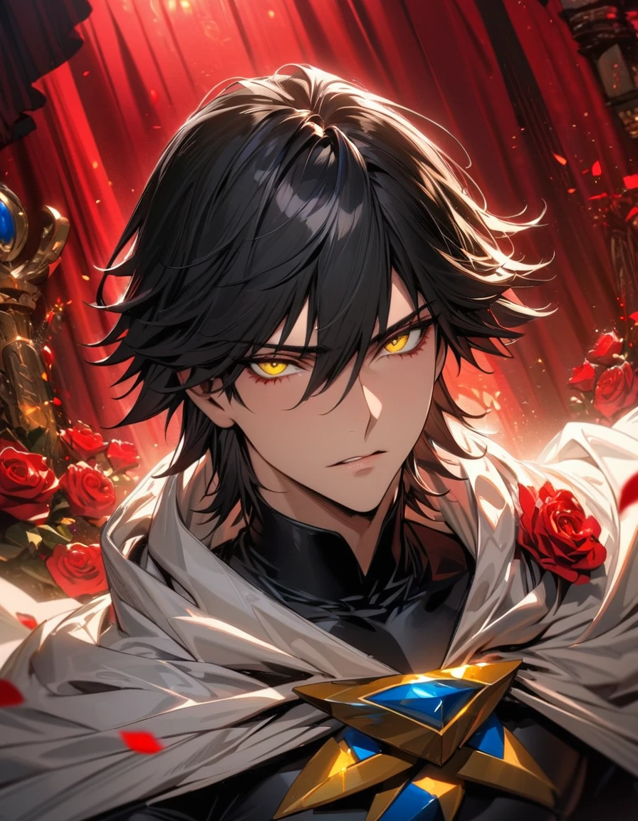 absurdres, highres, ultra detailed, HDR, masterpiece, extremely detailed face and eyes, beautiful eyes, perfect face, delicate features, Ozymandias, expressive yellow eyes, black hair, Fate Grand Order, solo, man, handsome, in wonderland, red roses, red curtains, shining red lights, white cape, tight black shirt, patterns