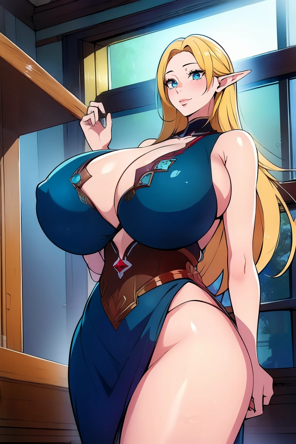An anime-style artwork depicting ruan mei from the game Honkai star rail.
Tags: ruan mei, anime, detailed eyes, detailed lips, minidress, smiling expression, intense gaze, glowing emblem on hand, dynamic pose, indoor, palace, vibrant colors, digital art, high-resolution, professional quality, gigantic breasts, cleavage, curvy, cowboy shot, (gigantic breasts: 1.4), (blue eyes: 1.4), (blonde hair: 1.4), (long elf ears:1.1)