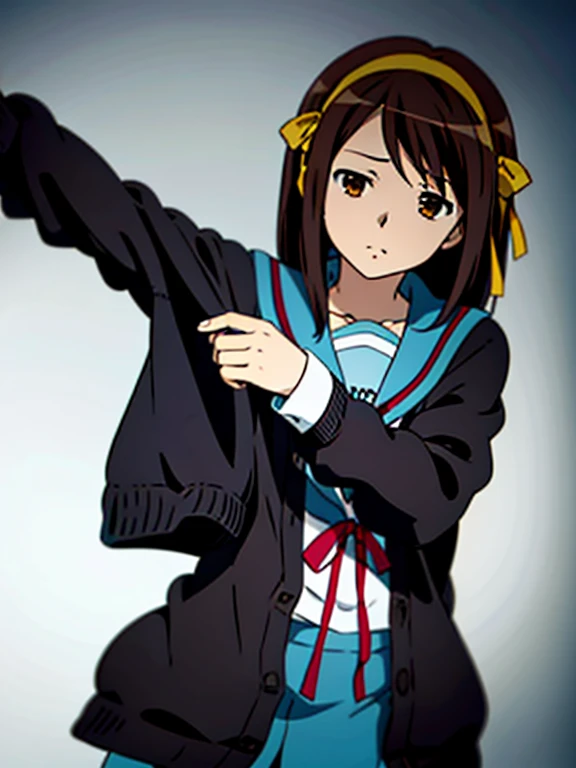 estilo kyoani, estilo animado, mejor calidad, 4k, Obra maestra, chica de pie, 1 chica, solo, 1 , parte superior del cuerpo, (front angle), mirando al espectador, By the chestnut, peinado de cola de caballo, Brown eyes, [empty eyes], [muchacha de baja estatura], (pecho plano:1.25), [haruhi suzumiya], uniforme de marinero, [[ojos cansados]], dreamer, inexpresivo, (uniforme de secundaria kita), (cardigan:1.3), ropa abierta, open cardigan, brown cardigan, mangas largas, uniforme de invierno