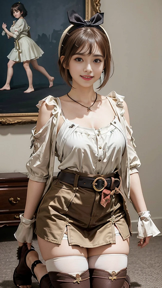 The real picture、8k,masterpiece , highest quality , detailed , detailedな写真、detailedな瞳、Realistic Skin、Brown short bob、Big Breasts、Big thighs、blouse, skirt , (Kneel:1.4) , smile , Ribbon Hair Band