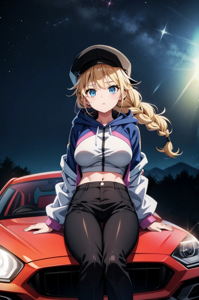 a anime girl is sitting on top of a car next to a giant gun, 1girl, solo, long hair, white shirt, blonde hair, blue eyes, shirt, braid, jacket, navel, weapon, open clothes, midriff, pants, black pants, open jacket, white jacket, hat, long sleeves, breasts, black headwear, hood, sitting