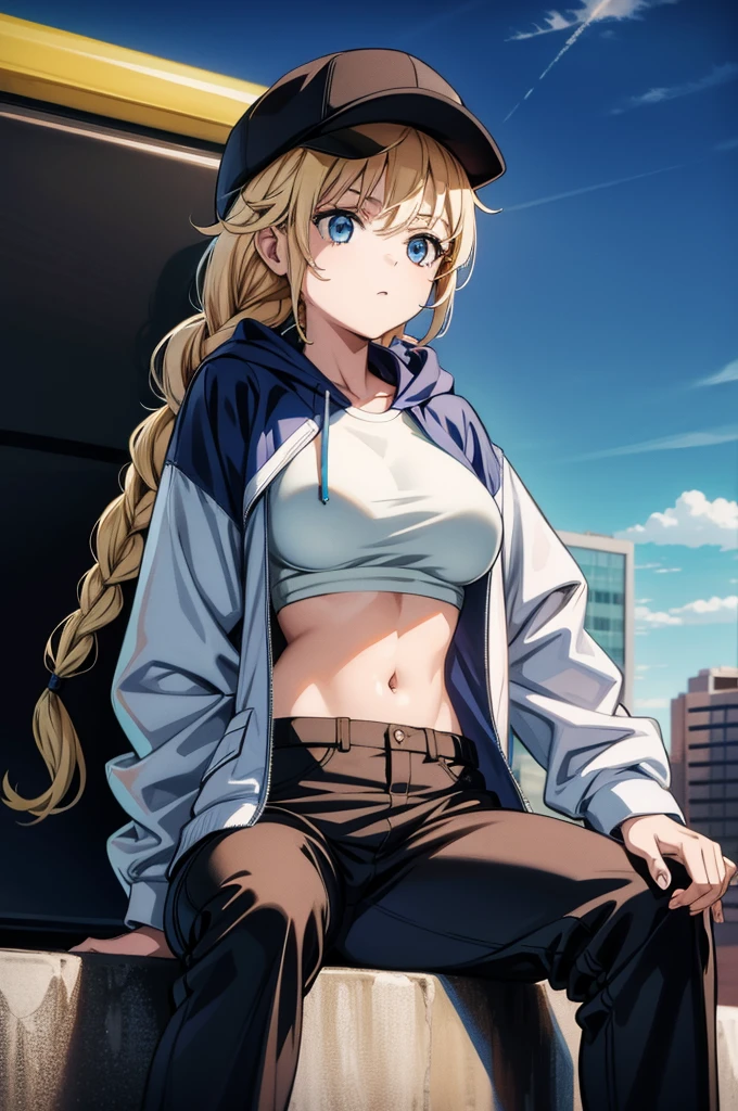 a anime girl is sitting on top of a car next to a giant gun, 1girl, solo, long hair, white shirt, blonde hair, blue eyes, shirt, braid, jacket, navel, weapon, open clothes, midriff, pants, black pants, open jacket, white jacket, hat, long sleeves, breasts, black headwear, hood, sitting