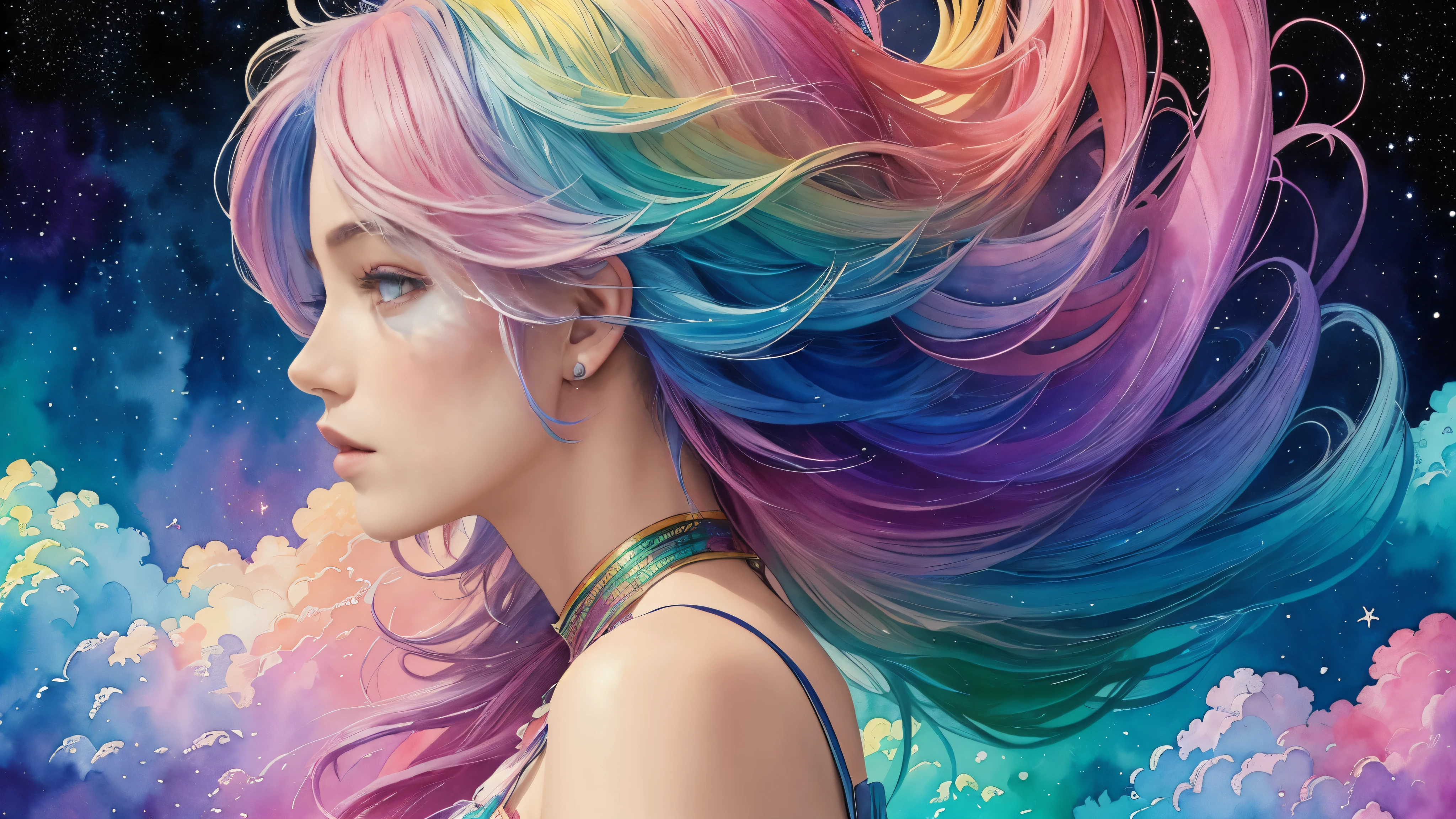 (masterpiece, top quality, best quality,watercolor (medium),official art, beautiful and aesthetic:1.2),(1girl:1.3), (fractal art:1.3),upper body, from side, looking at viewer,patterns,(rainbow color Hair,colorful hair,half blue and half pink hair:1.2),water,liquid, cloud,colorful, starry,stars,