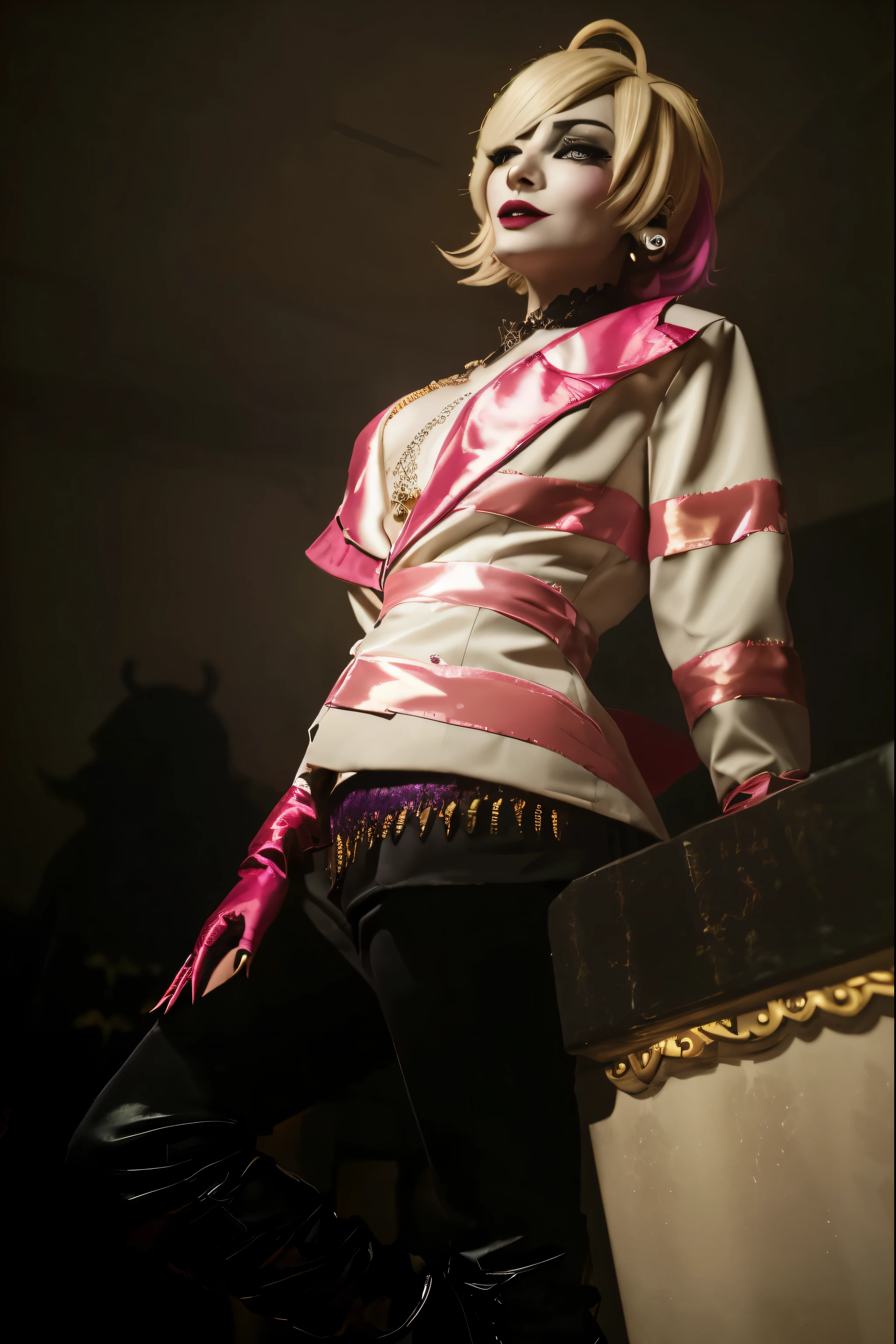 (Best quality, 8k, 32k, Masterpiece, UHD:1.2) Transform the scene into the chaotic yet vibrant Hazbin Hotel from the Hazbin Hotel series. Envision a grand and opulent lobby adorned with luxurious furnishings and extravagant decor, juxtaposed with a hint of sinister undertones. Capture the eclectic mix of colorful characters bustling about, each with their own unique quirks and personalities. Incorporate the whimsical yet eerie atmosphere of the hotel, with flickering lights and mysterious shadows adding to the sense of intrigue. Infuse the scene with the larger-than-life energy of the denizens of Hell as they navigate the twisted corridors and dark secrets of the Hazbin Hotel.