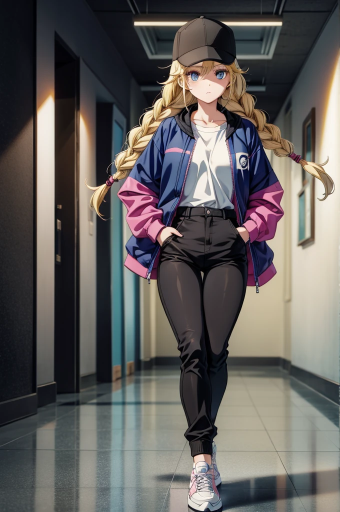 an anime girl walking in a hall wearing a jacket and black hat, 1girl, braid, solo, blue eyes, hat, blonde hair, long hair, baseball cap, jacket, shoes, sneakers, twin braids, pants, looking at viewer, black pants, shirt