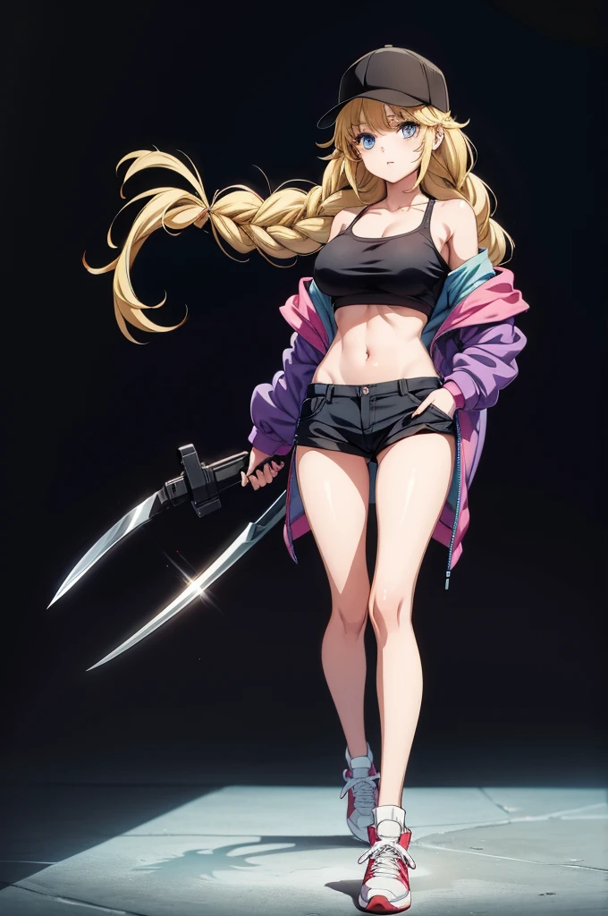 there is a beautiful anime girl with one leg in the air showing a pair of stockings and high heels, 1girl, hat, weapon, gun, solo, blue eyes, braid, blonde hair, holding weapon, navel, long hair, baseball cap, holding gun, holding, hand in pocket, breasts, looking at viewer, jacket, shoes, full body, black footwear, blue jacket, midriff, off shoulder, standing, sneakers, bare shoulders