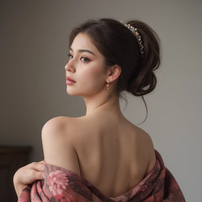 Best quality, masterpiece, high resolution, 1 girl, realism, (high detail skin: 1.2), 8k UHD, DSLR, soft light, high quality, volumetric lighting, photo, high resolution 4K, 8K, blurred background, fireworks in the sky, night, (from behind), (shoulder blades), beautiful neck, kimono, off shoulder kimono, looking behind, asian, brown hair, tied up hair, black eyes, perfect eyes, double eyelids, simple earrings, seductive face, (very large breasts), (hands down), ((SFW))