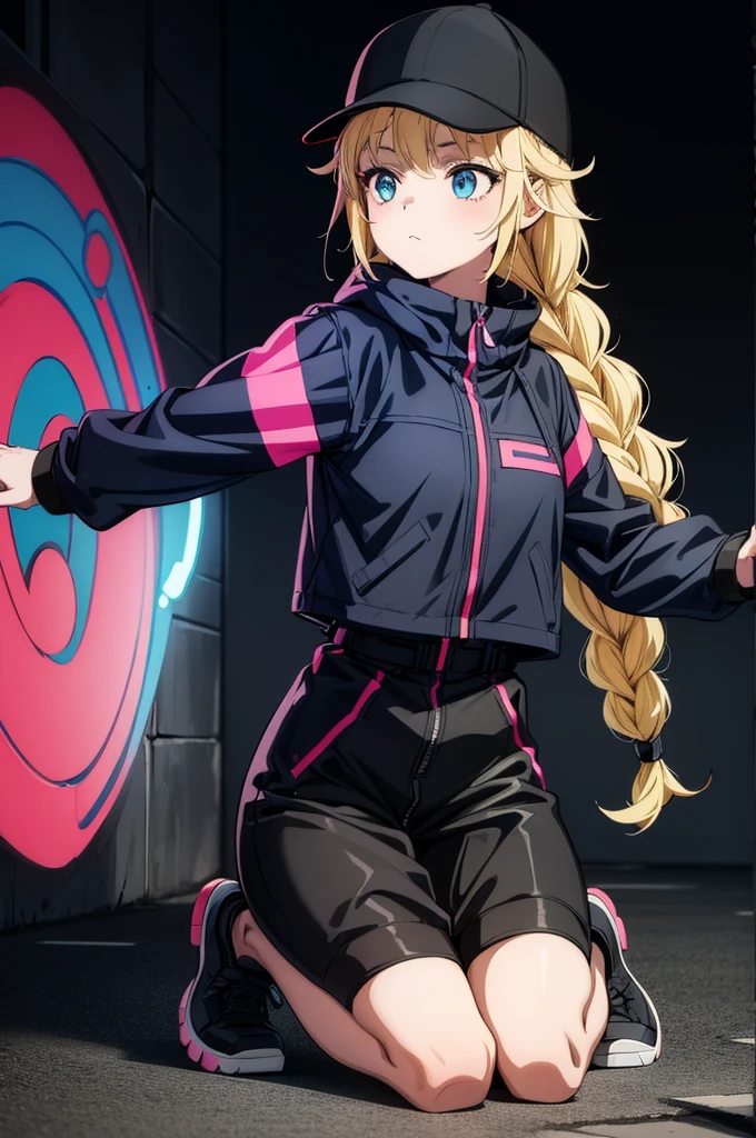 (((grayscale)))(masterpiece:1.2, best quality), (graffiti wall:1.15), 1lady, beanie, jacket, Leggings, blue eyes, fullbody,1girl, multicolored hair, black and pink hair, bulletproof vest, military uniform, cyberpunk, holding gun, cyberpunk, city, neon lights, waif1 girl, teal hair, pink eyes, white hoodie, black shorts, outdoors, red headphones, more prism, vibrant color,Eiko Tsukimi, blue eyes, braid, twin braid,(((blonde hair))),baseball cap