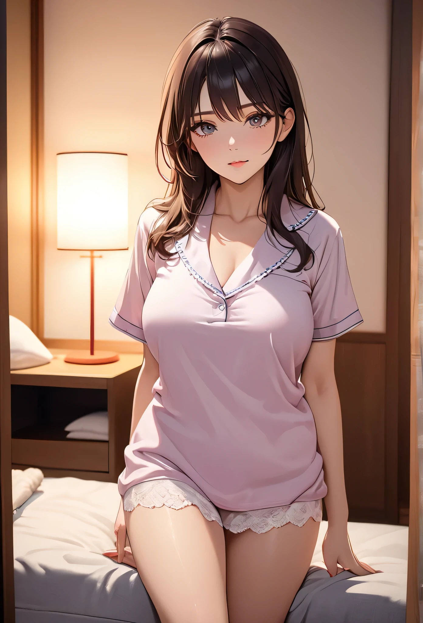 (((masterpiece))),(((High resolution)))、(((8K)))、(((perfect face)))、(((beauty of japan)))、40 years old、(((beautiful face))), (((girls room))), (((night wear))), ((under wear)), embarrassed look, look at the camera, top quality eyes, detailed texture, look at the camera, all body, big tits
