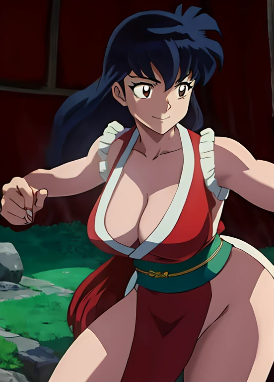 masterpiece, best quality, 1girl, solo, Kagome Higurashi, 25 years old, matured face, beautiful detailed eyes, ultra detailed eyes, extremely detailed face, large breasts, cleavage, very busty, big hips, strong muscles, athletic figure, She stands tall while wearing a short red kimono. she's looking directly at the camera with an confident smirk. Her gaze is both alluring and fierce. fighting stance, defensive pose, dynamic pose, martial arts, female fighter, Anime style, Every detail showcases her alluring presence and creating a sense of timeless allure. Perfect Anatomy,(Professional Lighting), 4k textures, epic artistic, sharp focus, even lighting, insane details, intricate details, hyperdetailed, rich colors, BREAK Outdoors, the view of the green forest, Japanese architecture in the surroundings. The image radiates a sense of high-quality artistry, captivating the viewer with its masterful execution.
