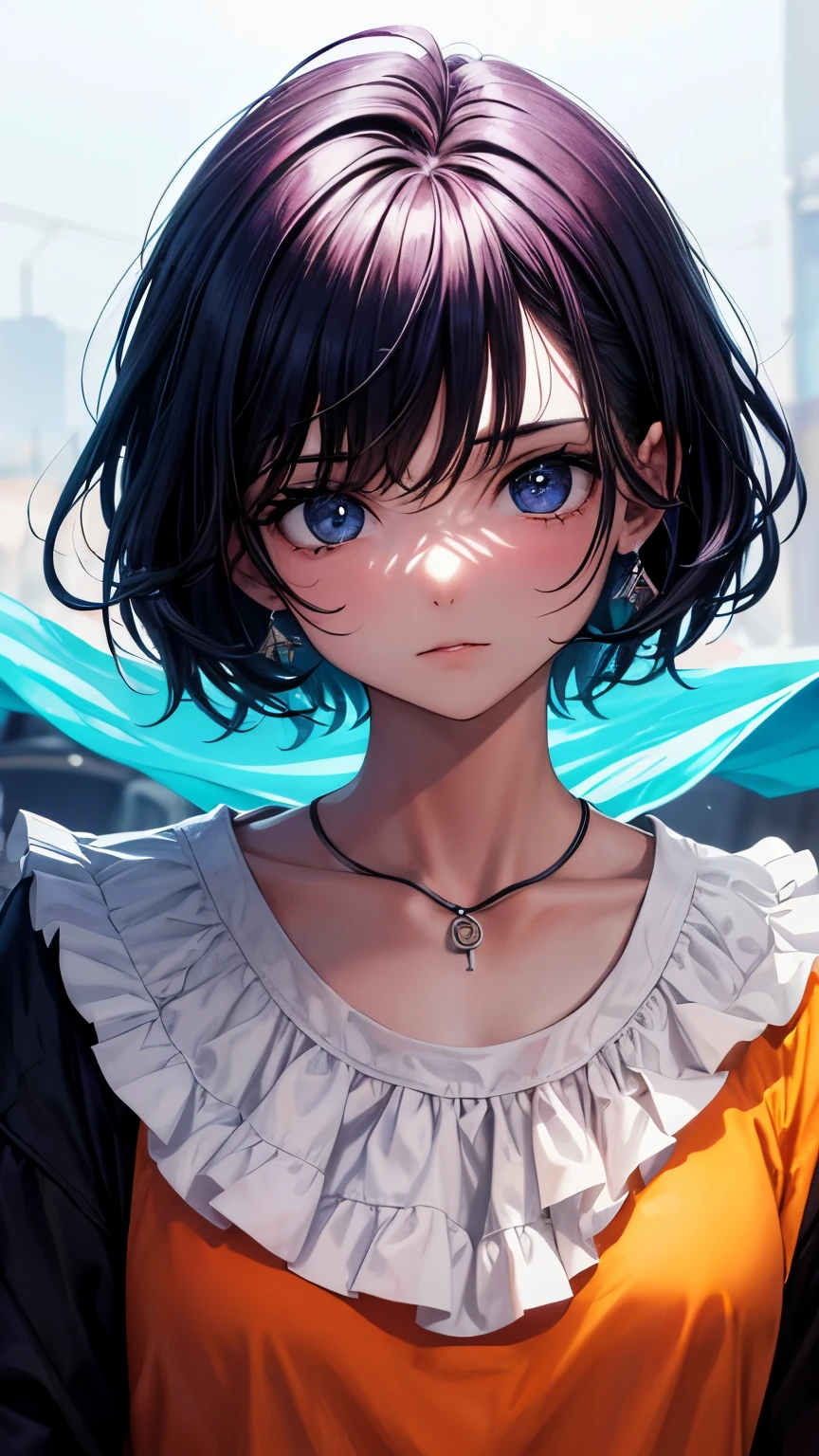 Crea una portada que tenga: Que en el fondo haya una fuego con un tono oscuro. En el medio a la protagonista (Pelo largo, blanco y de ojos rojos), a su lado un personaje secundario (Pelo corto, amarillo y de ojos azules) Y en una esquina a la antogonista (Pelo corto, morado y de ojos azules)